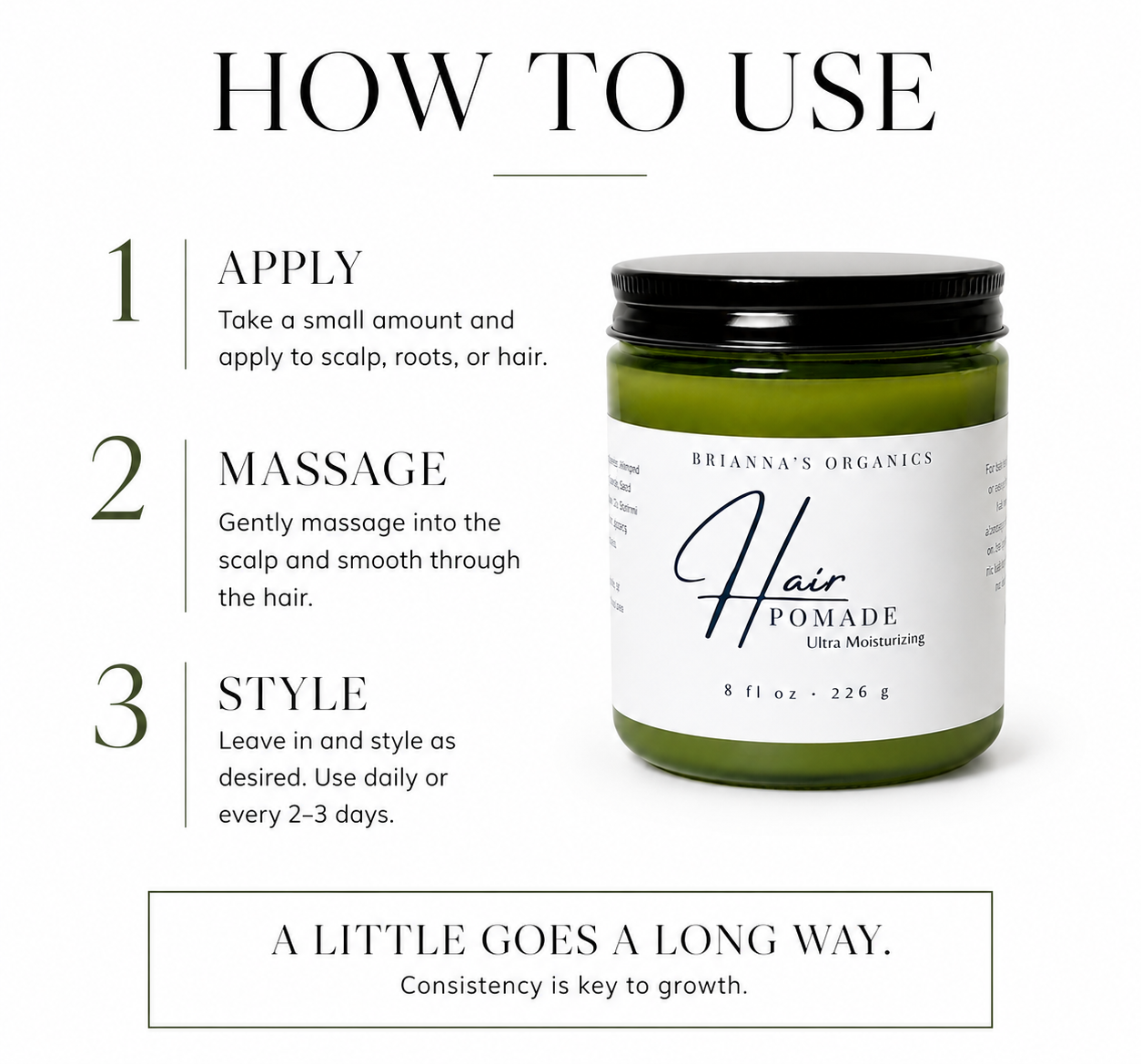 An instructional graphic titled 'HOW TO USE' showing a jar of Brianna's Organics Hair Pomade. The graphic outlines three steps: apply to scalp, hair, and massage into the scalp and hair; leave in and style as desired; use daily or every 2-3 days.