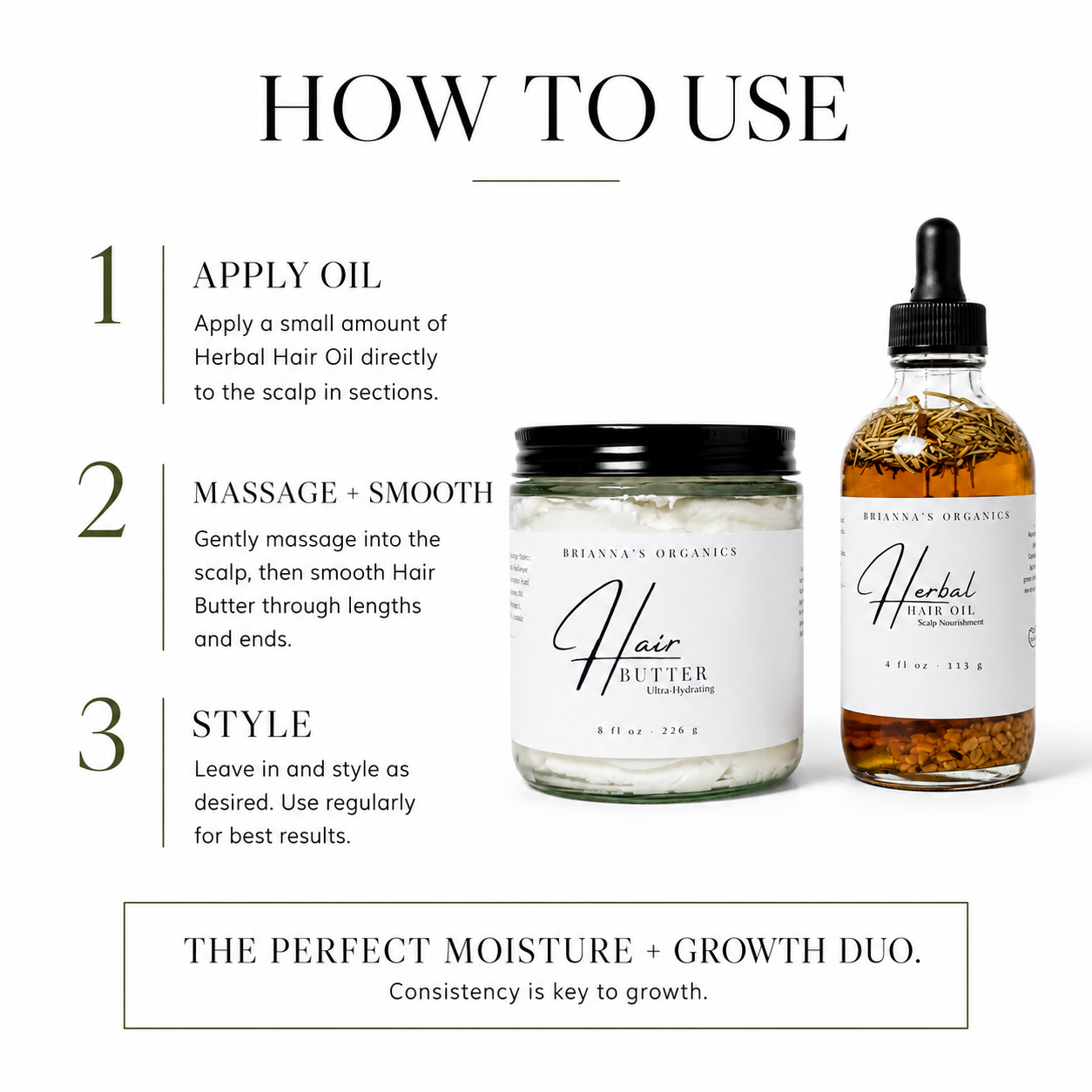 Instruction graphic titled 'HOW TO USE' showing two hair care products from Brannan's Organics: a jar of Hair Butter Moisturizer and a bottle of Herbal Oil, with step-by-step application instructions on a white background.
