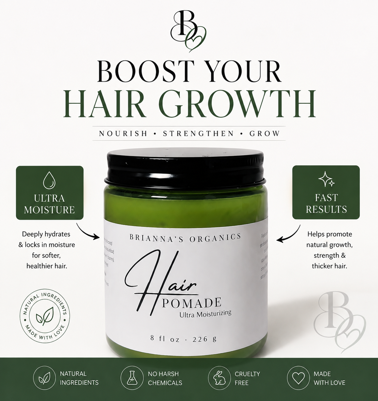 Green jar of Brianna's Organics Hair Pomade with branding and product features on a white background