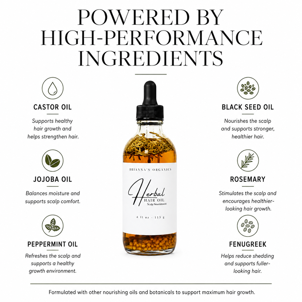 Herbal Hair Oil ingredients including castor oil, black seed oil, rosemary, and fenugreek