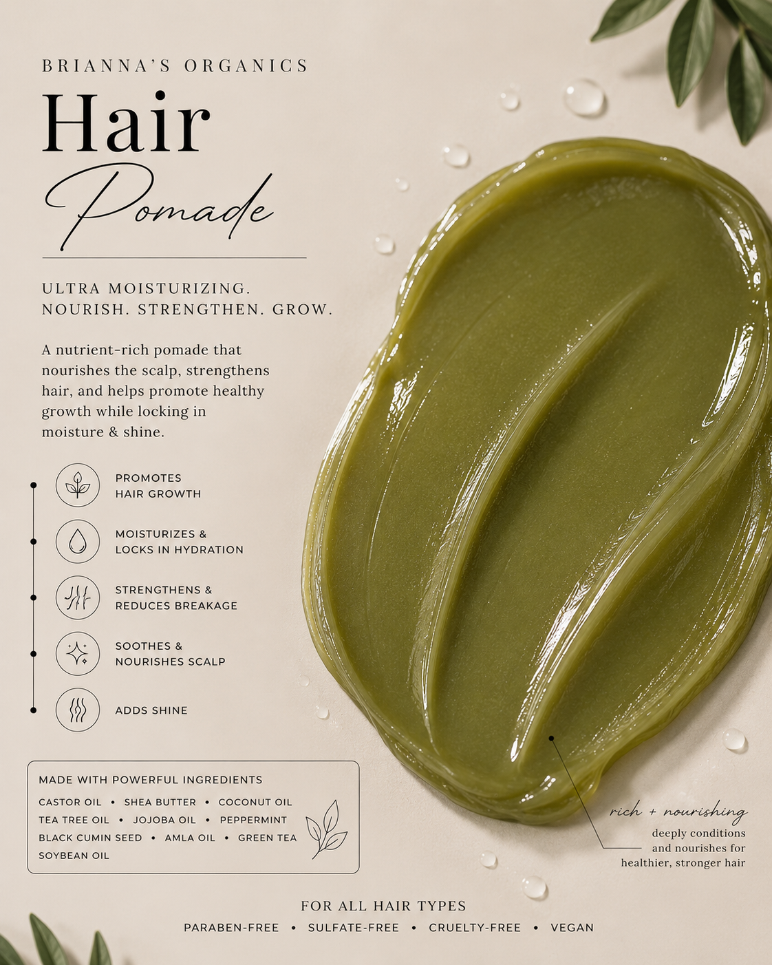 Green hair pomade with branding and product description on a light background