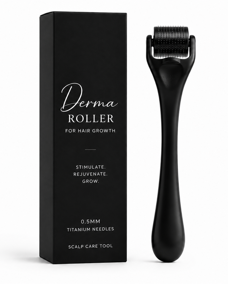 Black derma roller for hair growth with packaging on a white background