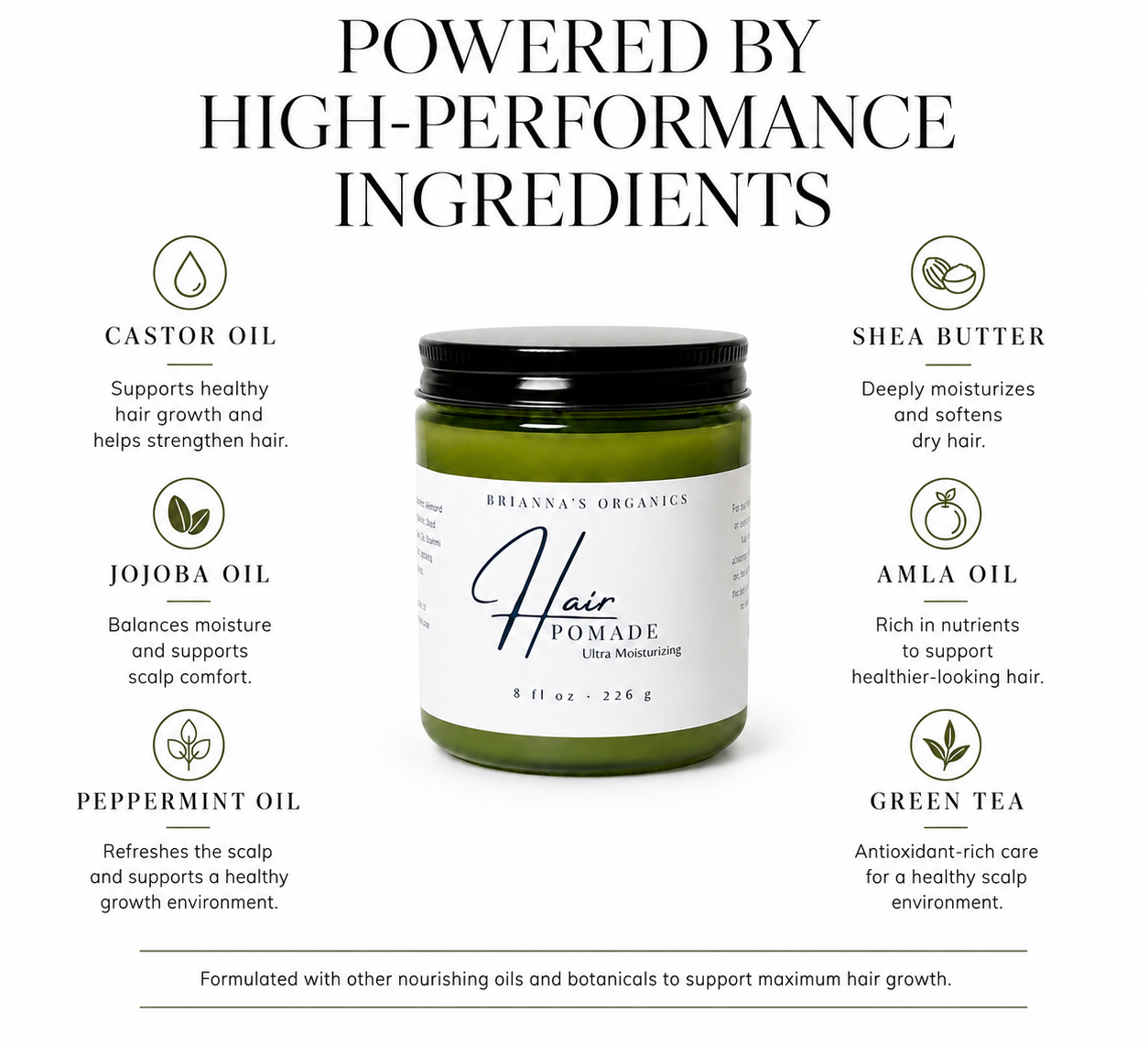 A jar of Brianna's Organics Hair Pomade centered on a white infographic background with text highlighting ingredients: castor oil, jojoba oil, shea butter, amla oil, green tea, and peppermint oil.
