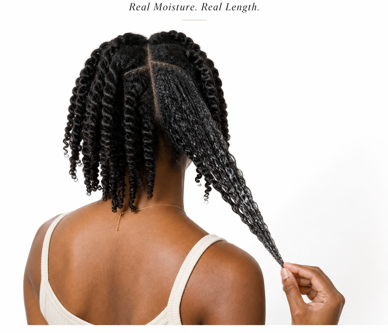 A woman shown from the back with dark curly hair extensions integrated into her hair, holding a section of the extension to show length and texture. The image has text at the top reading 'CUSTOMER RESULTS' and at the bottom 'SOFTNESS • MOISTURE • LENGTH RETENTION'.