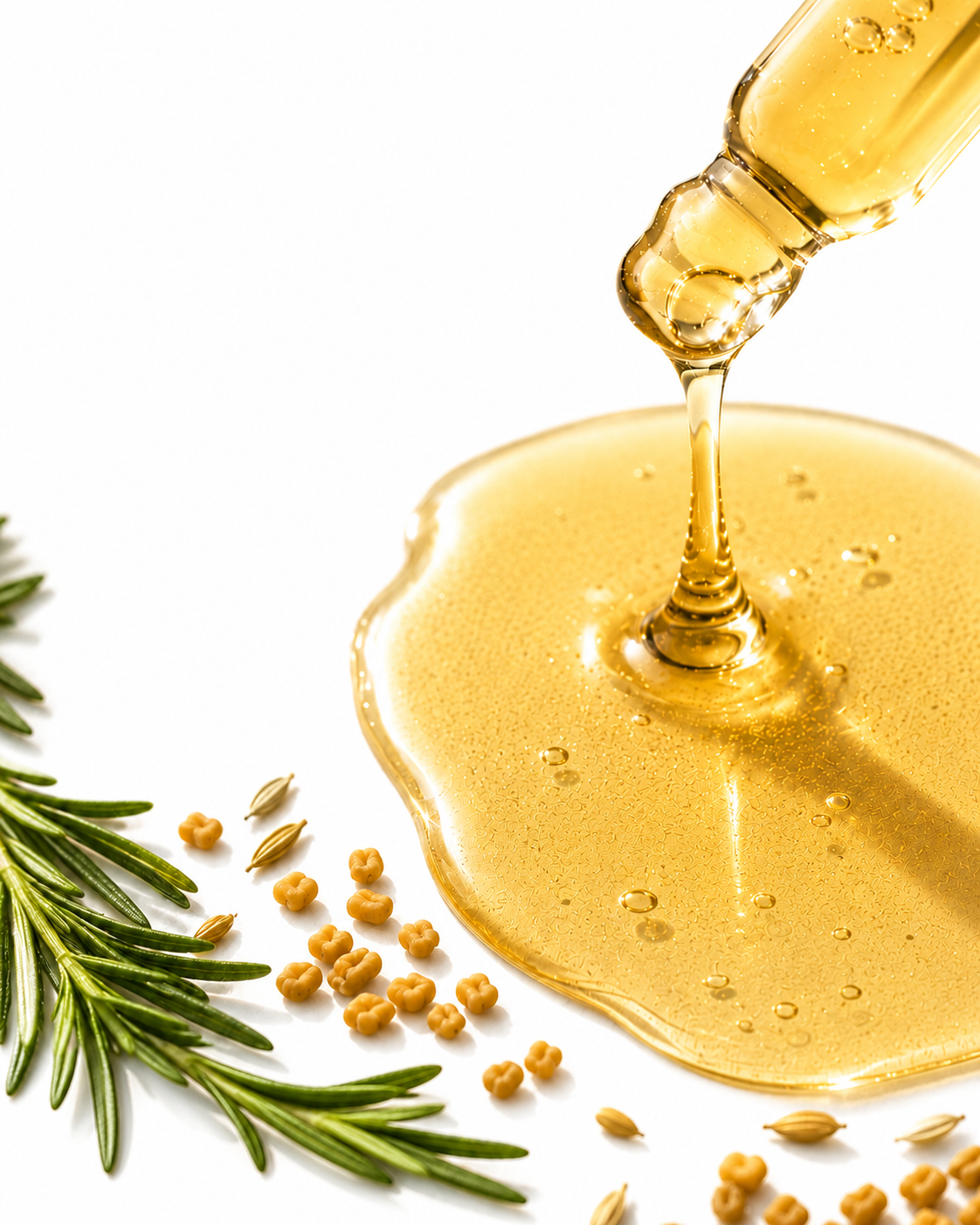 Golden OIL being poured from a glass bottle into a pool on a white surface, with scattered wheat grains and a green rosemary sprig around it.