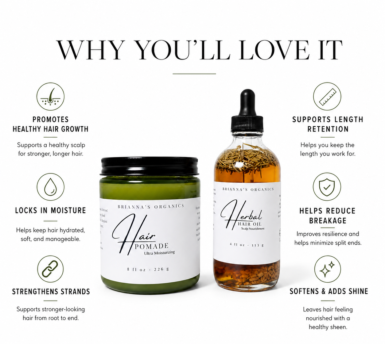 Promotional product graphic for bRIANNA's Organics Hair Pomade and Herbal Hair Oil set, showing two bottles centered on a white background with text callouts around them about hair health benefits.