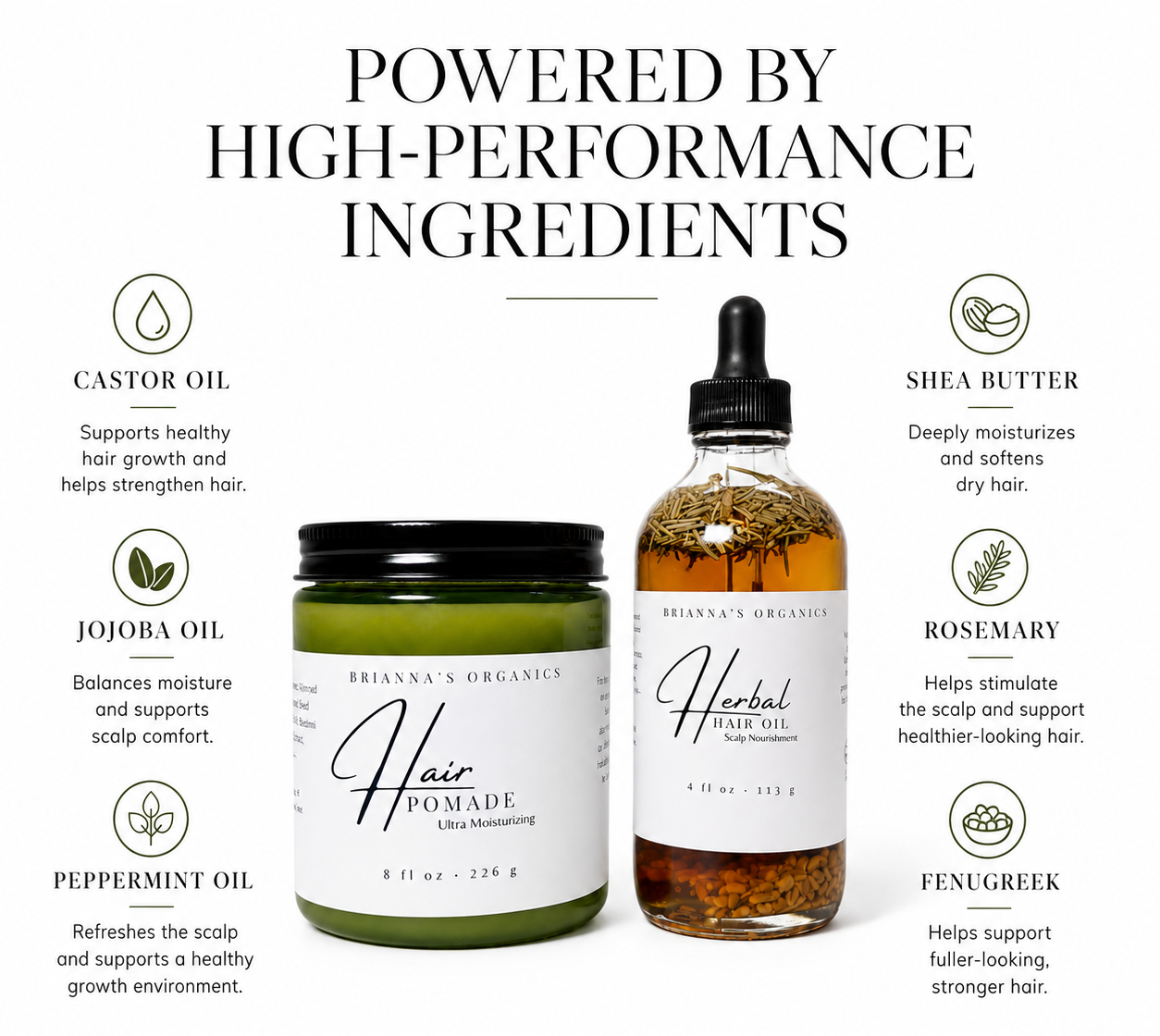 Promotional graphic for Brianna's Organics Hair Pomade and Herbal Hair Oil, featuring two product jars on a white background with ingredient callouts: castor oil, jojoba oil, peppermint oil, shea butter, rosemary, and fenugreek.