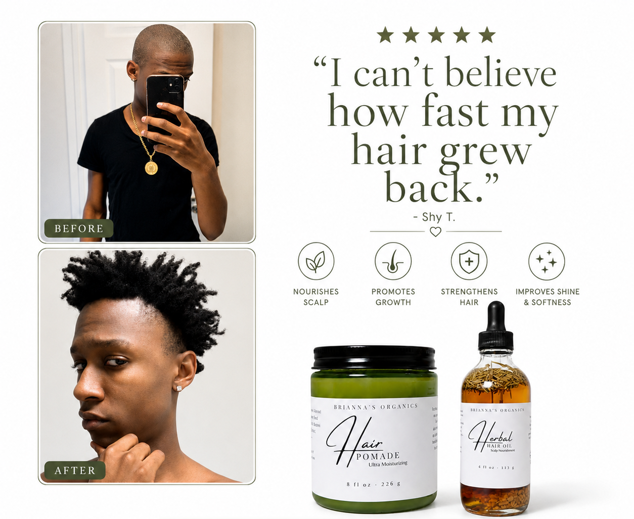A promotional graphic for a hair growth and retention duo by Brainrot Salts, featuring a before-and-after hair growth story with a quote, product bottles, and feature icons on a white background.