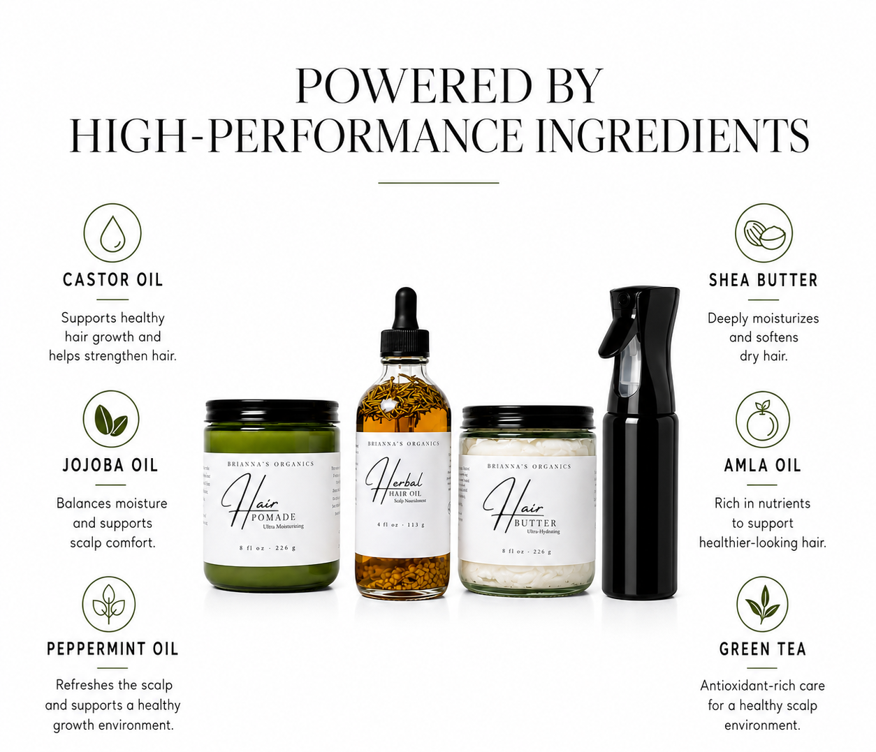 A promotional graphic for hair care products on a white background, featuring three bottles and jars labeled 'Hair Fx' and 'Brianna's Organic,' with text describing ingredients like castor oil, shea butter, jojoba oil, peppermint oil, amla oil, and green tea.