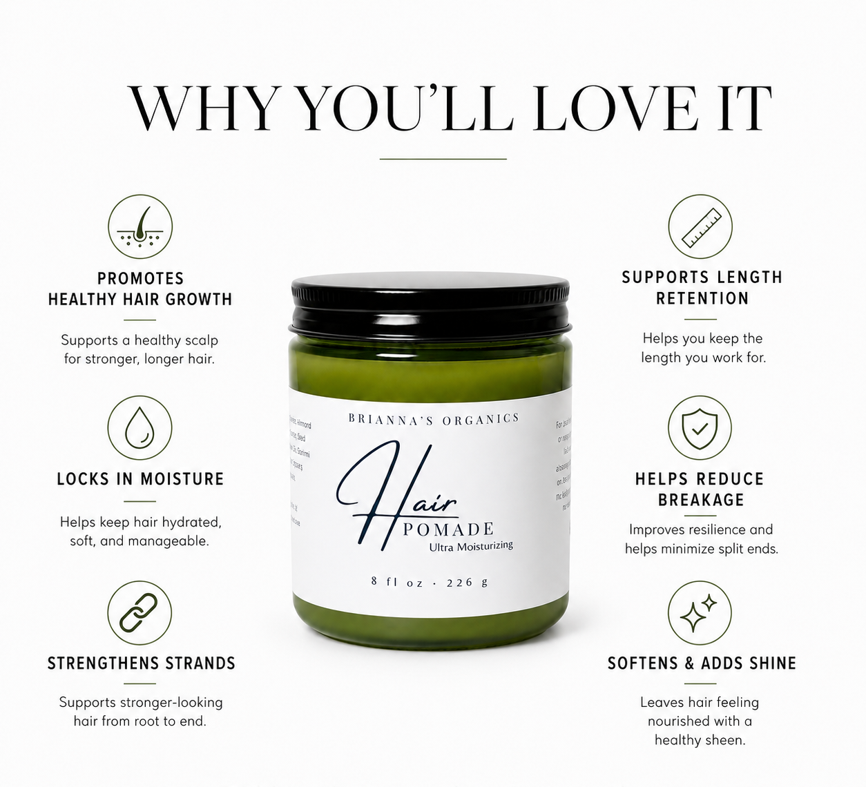 A jar of Brianna's Organics Hair Pomade centered on a white background, surrounded by marketing text and icons about hair growth, moisture, strength, and shine.