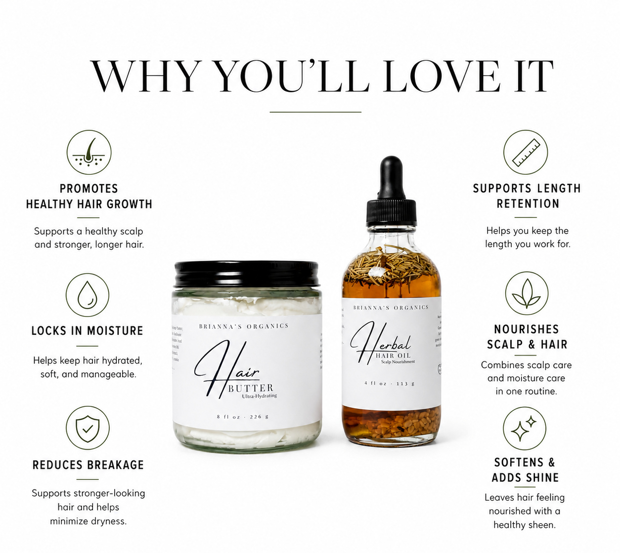 A promotional graphic for Brianna's Organics Hair Butter and Herbal Scalp & Hair Oil, showing two products on a white background with text callouts about hair benefits.