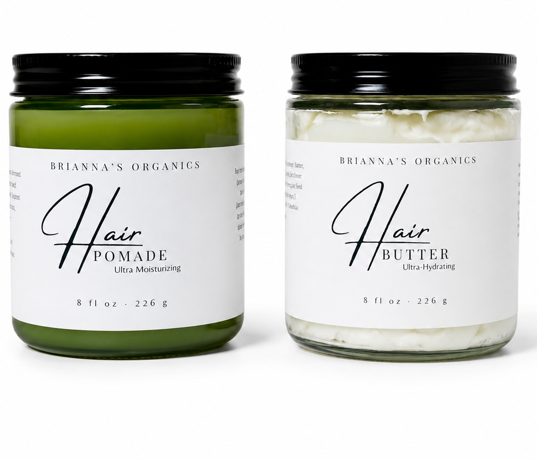Two jars of Brianna's Organics Hair Pomade and Hair Butter on a white background