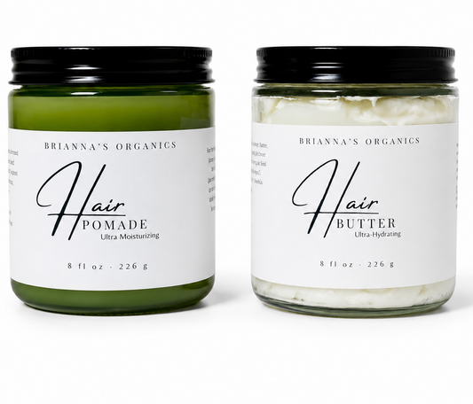Two jars of Brianna's Organics Hair Pomade and Hair Butter on a white background