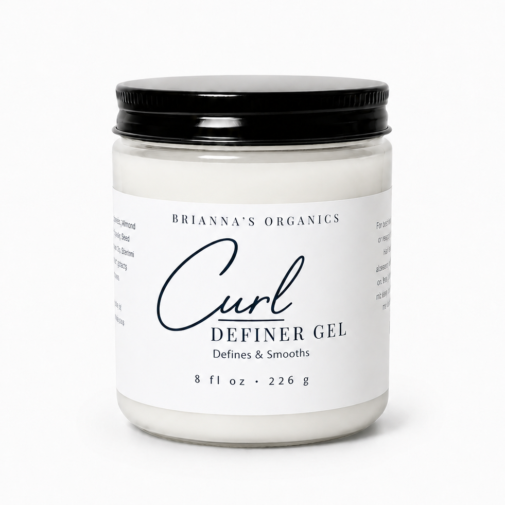 A jar of Brianna's Organics Curl Definer Gel with a white label and black lid, photographed on a clean white background.