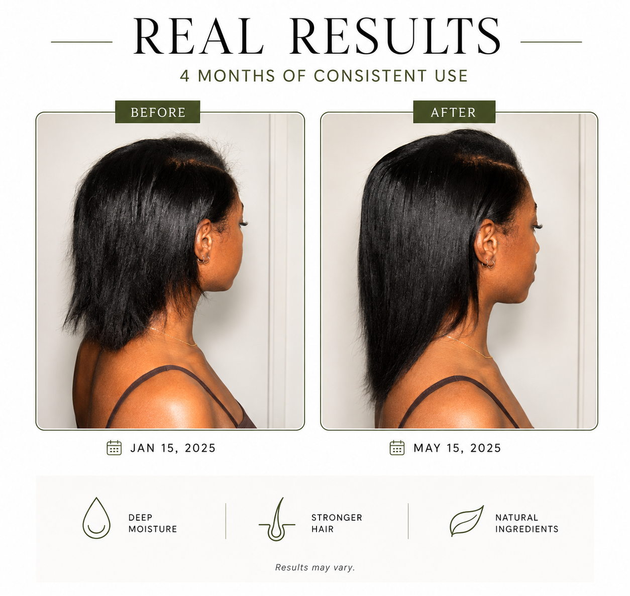 A before-and-after hair result graphic for Brianna's Organics showing a woman's side profile from January 15 to May 15, 2025, with text reading 'Real Results' and '4 Months of Consistent Use.' The left panel is labeled 'Before' with shorter, less defined hair; the right panel is labeled 'After' with longer, smoother, and shinier hair.
